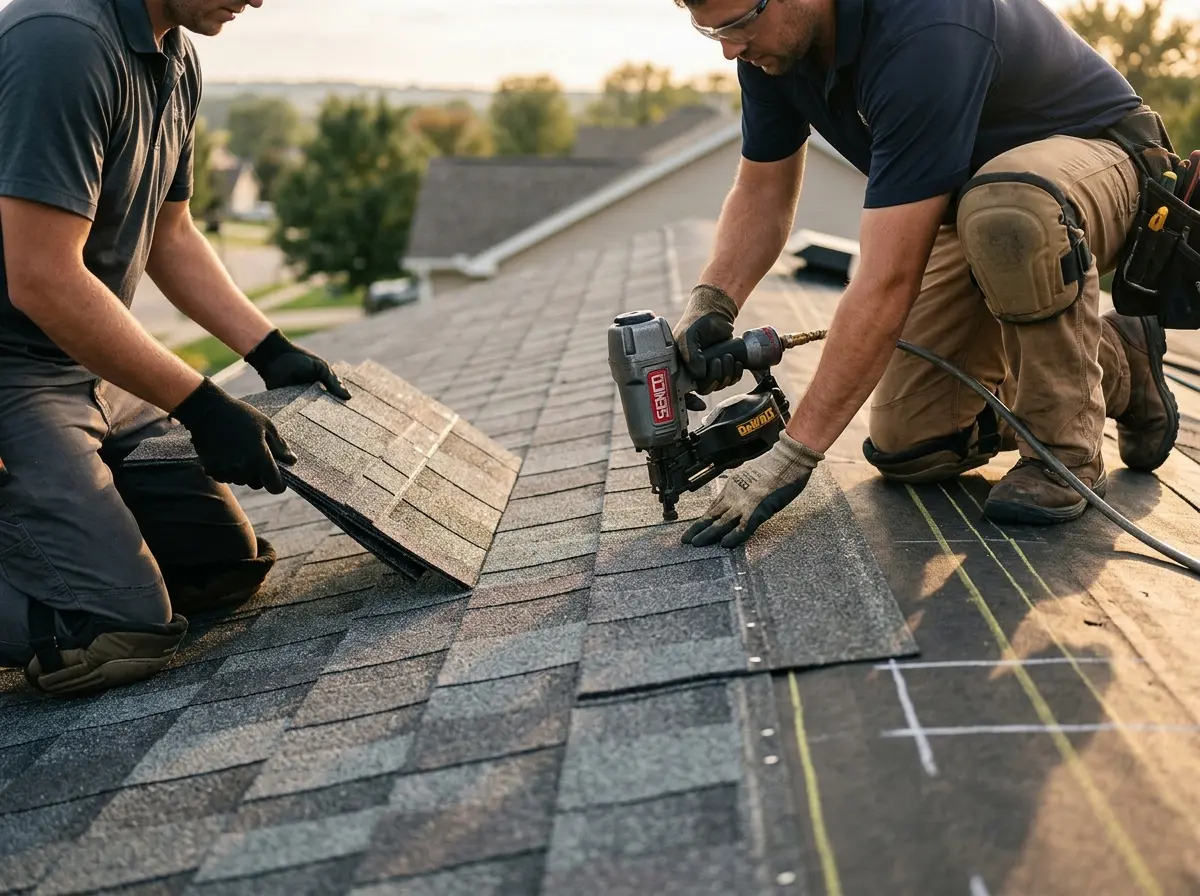 Professional roofer working on a residential roof in Odenton